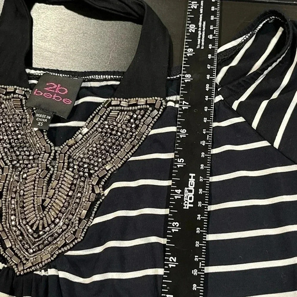 ❤️ 2/$11 Bebe Y2K Bead Embellished Halter Black White Striped Womens Top size XS - Picture 6 of 8
